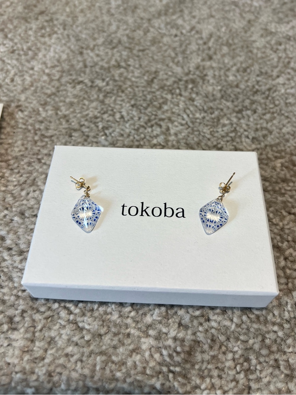 Tokoba Blue Chrysanthemum Earrings with Gold Posts, by Edo Kiriko Kobayashi